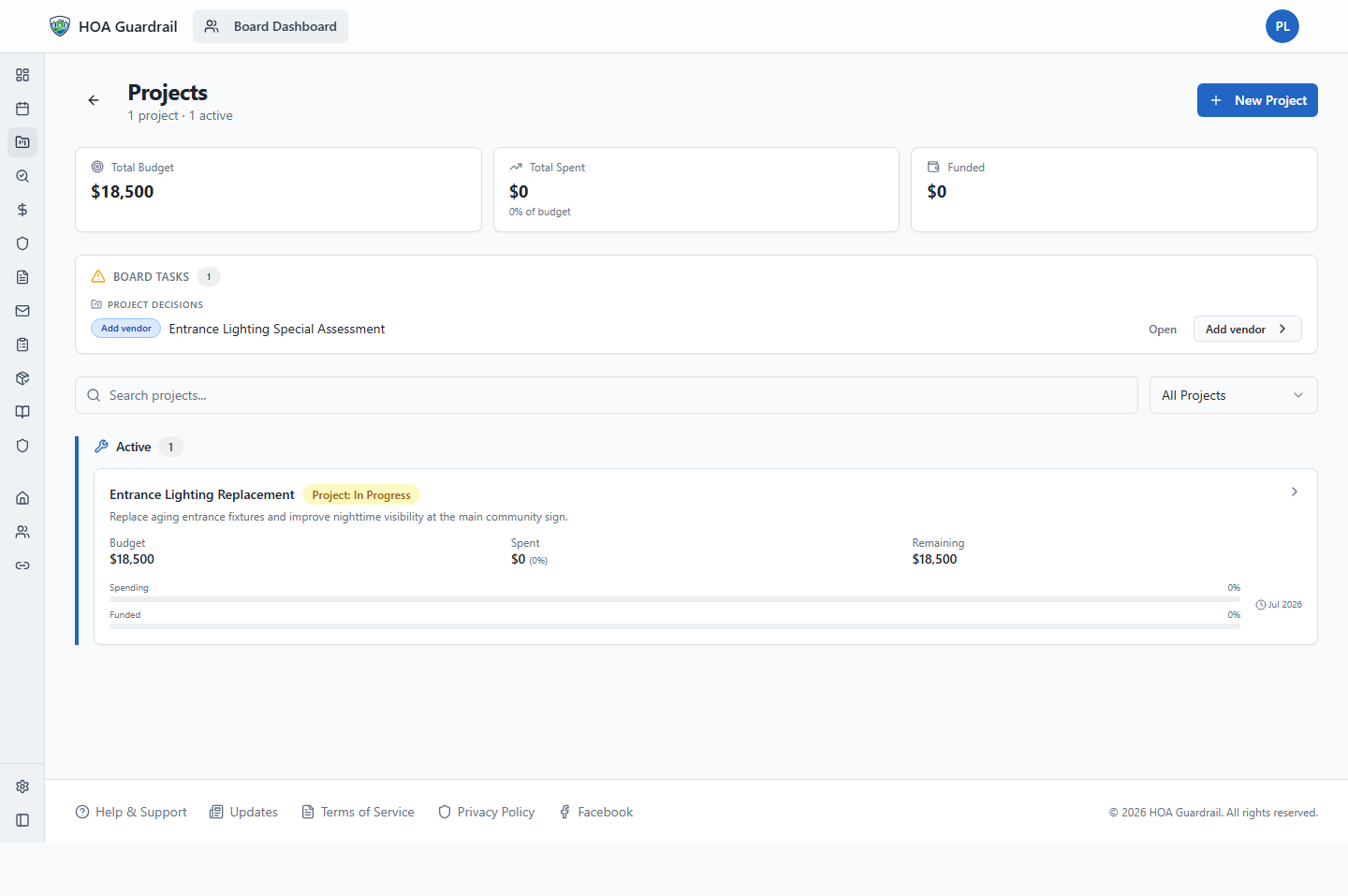 Cedar Hollow sample project operations screen in HOAGuardrail